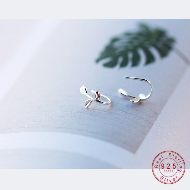 WANTME Trendy Korean 100% 925 Sterling Silver Leaf Stud Earrings for Women Girls Punk Minimalist Leaves Ear Hook Jewelry Brincos 210507