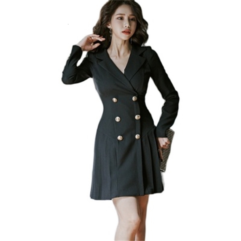Casual Dresses Women Solid Color Long Blazer Pleated Sleeve Loose Office Lady Work Style Small Suit Double Button Dress TQ4M
