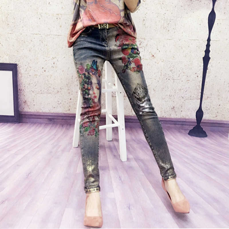 3D Stretchy Jeans With Flowers Pattern Painted Pencil Pants Woman Elegant Style Denim Trousers For Women 210809