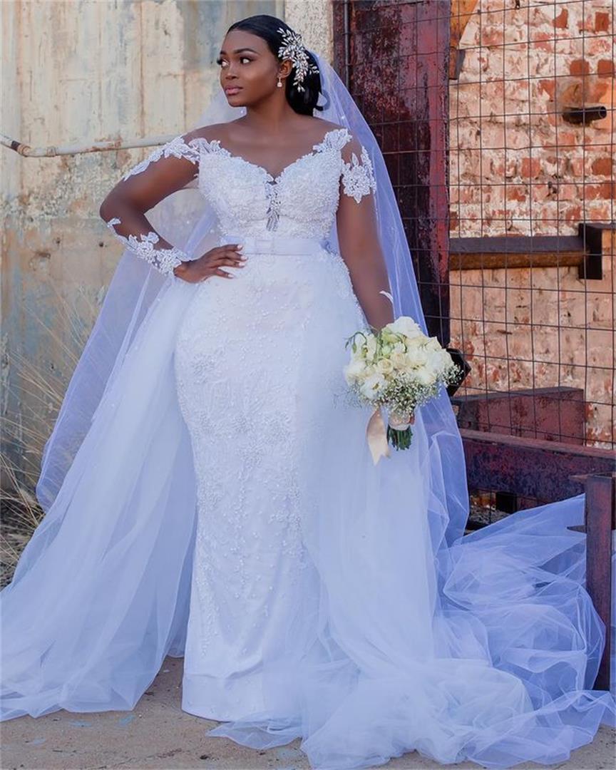 Luxury Pearls Beaded Mermaid Wedding Dresses African White Bride Dress With Detachable Trains Lace Appliqued Long Sleeves Bridal Gowns robe de mariée 