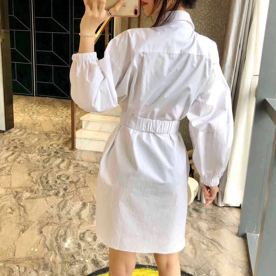 Free Spring Women's Loose Shirt Dress Lapel Lantern Sleeve With Belt Single Breasted Casual Midi Dresses 210524