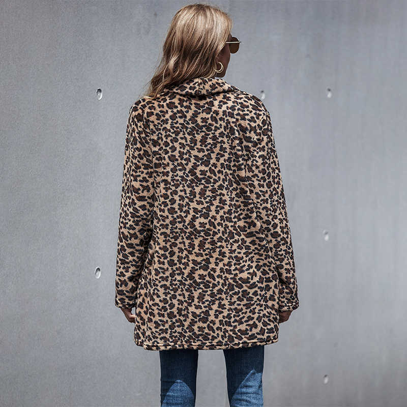 Thick Winter Women Casual Elegant Faux Fur Leopard Jacket Warm Cardigan Female Plush Coats Sweatshirt Outerwear Overcoat 211019