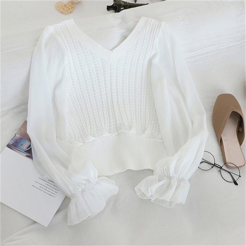 Fashion Patchwork Mesh Blouse Women V Neck Knit Flare Long Sleeve Blusas Autumn Spring Slim Shirt Elegant 47108 210602