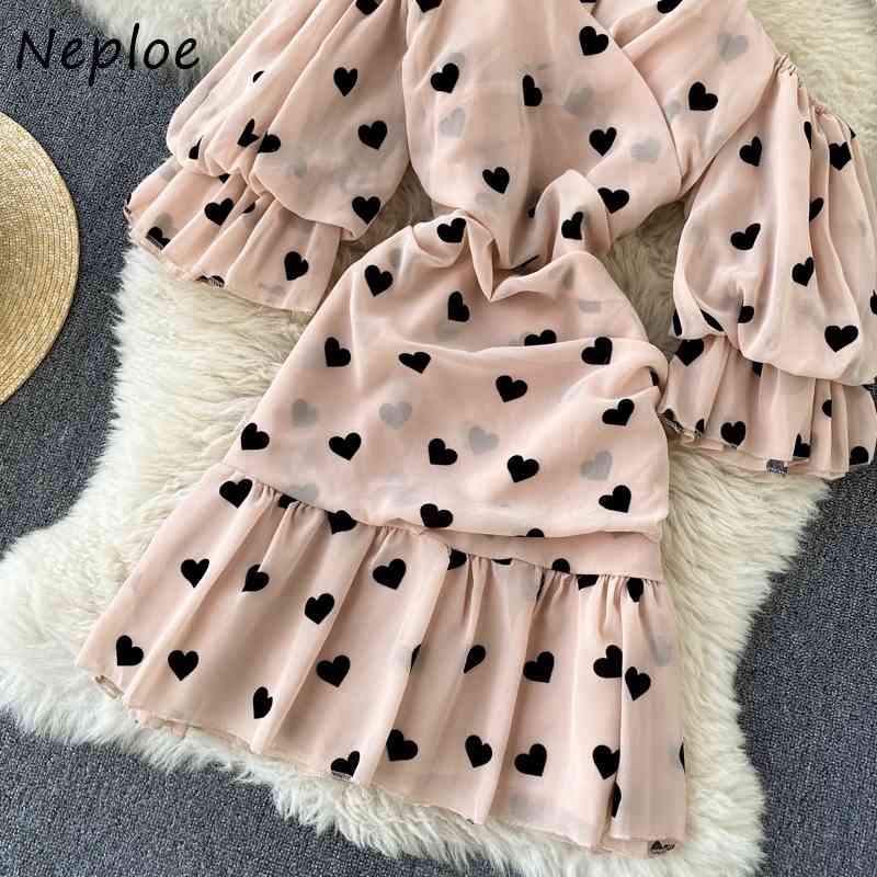 Neploe Sexy Shoulder Strapless Love Heart Print Dresses Sweet Ruffles Patchwork Mini Dress Women Puff Sleeve Zip Camis Vestidos 210422