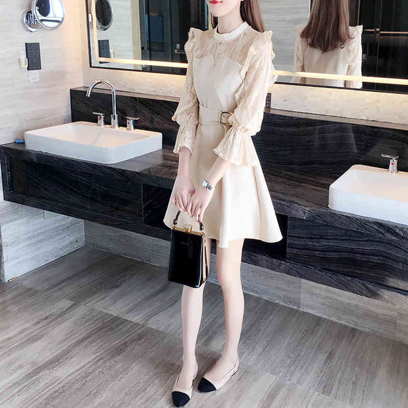 Spring New Dress Women Korean Office Ladies Elegant Ruffles Dress A-line Long Sleeve Lace Sexy Dress Vestidos Female 210409