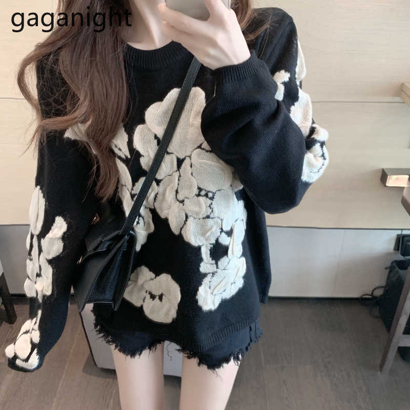 Fashion Vintage Floral Women Sweaters Japanese Casual Loose Flowers Pullover Autumn Winter Knitted Tops Pull Femme 210601
