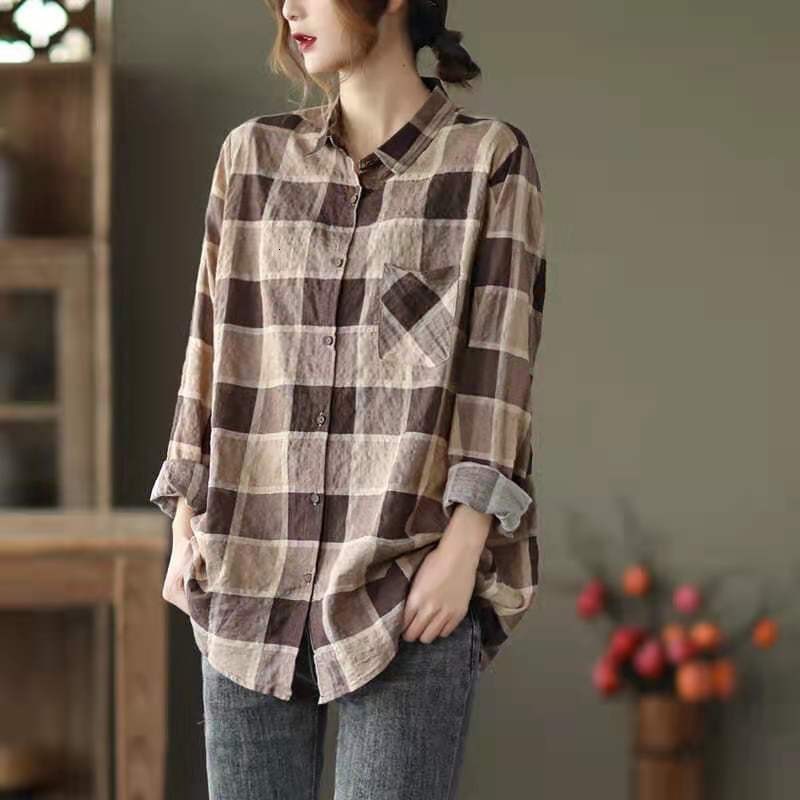Women's Blouses & Shirts Arrival Spring/autumn Women Loose Casual Long Sleeve Turn-down Collar Blouse Single Breasted Plaid Cotton, Gray 
Women's Blouses & Shirts Arrival Spring/autumn Women Loose Casual Long Sleeve Turn-down Collar Blouse Single Breasted Plaid Cotton, Gray