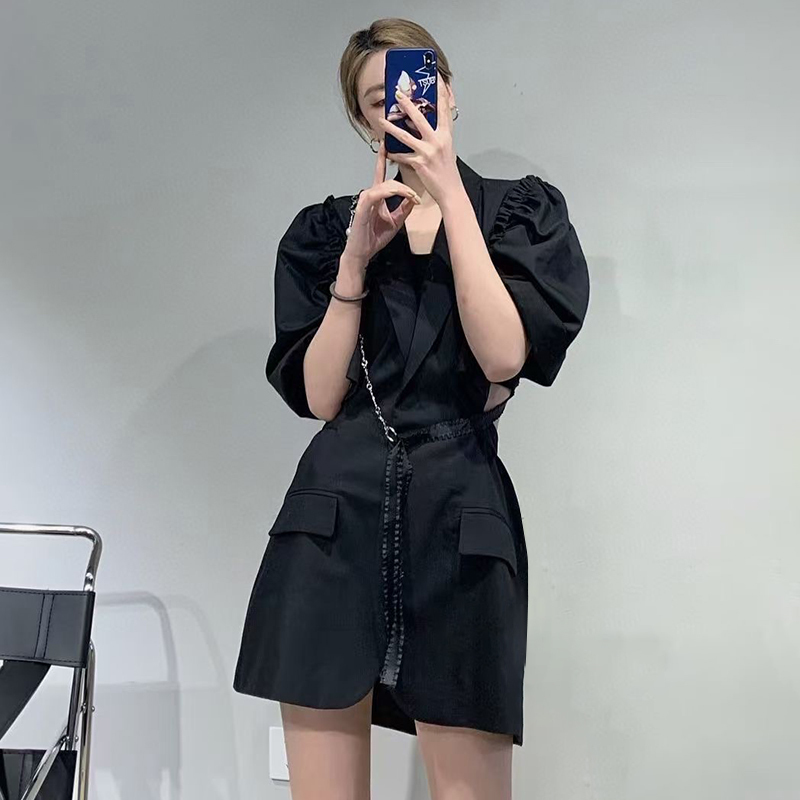 Black Patchwork Pearl Blazer Dress For Women Notched Short Sleeve Hollow Out Mini Dresses Female Fashion 210520