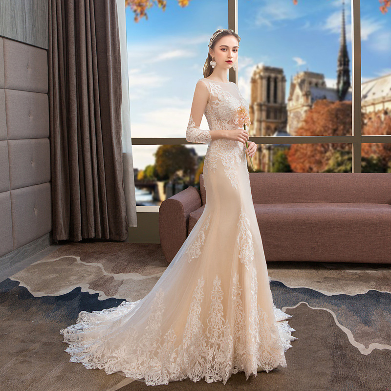 Vintage Long Sleeves Lace Mermaid Wedding Dresses Bridal Gowns Crew Neck Appliqued Court Train Autumn Winter Bride Dress Plus Size robe de mariée 2021