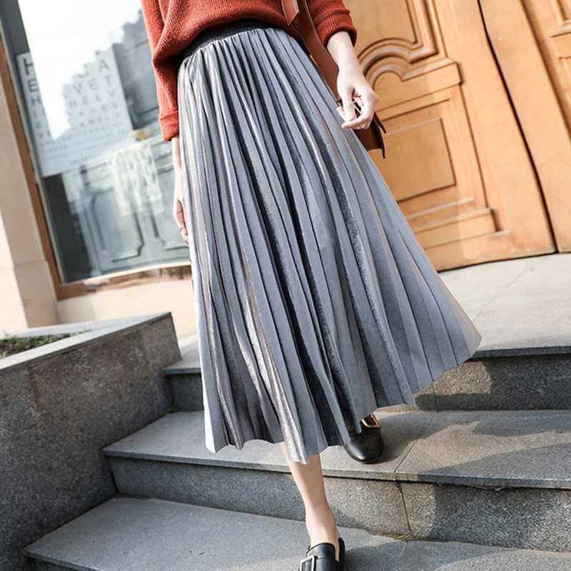 Pleated Skirt Women Autumn Long Vintage Gray Korean Maxi High Waist Casual Winter Black Party School Girl Velvet 210619