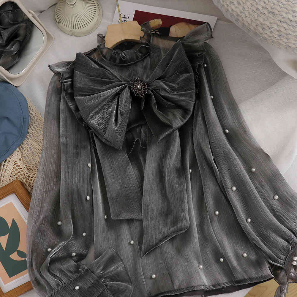 See Through Women Chiffon Shirt Blouse Bow Bandage Beading Blusas Femme Long Sleeve Summer Blouses 210519