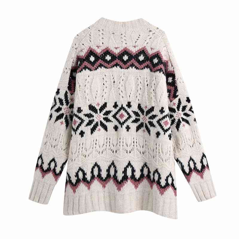 Streetwear Women Geometry Jacquard Sweater Fashion Ladies V-Neck Knitted Tops Causal Female Chic Loose Cardigan 210430