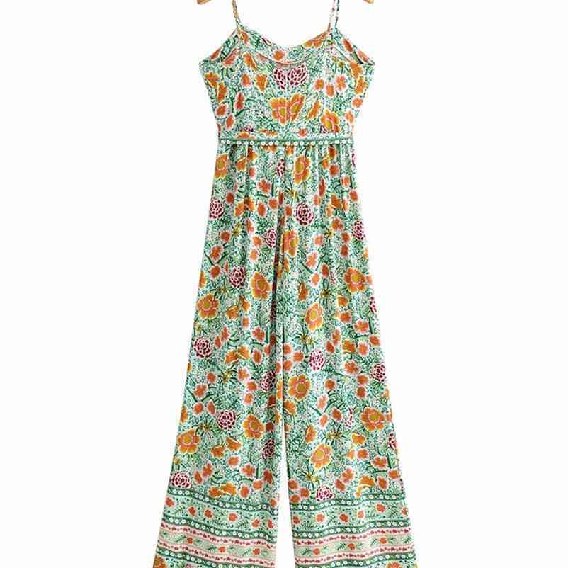 PUWD Sweet Women V Neck Bow Lace Rompers Summer Fashion Ladies Country Style Female Printed Suspender Jumpsuit 210522