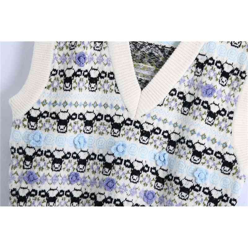 Vintage Women Animal Jacquard Sweaters Vest Fashion Ladies V-Neck Knitted Tops Elegant Female Chic Floral Pullovers 210430