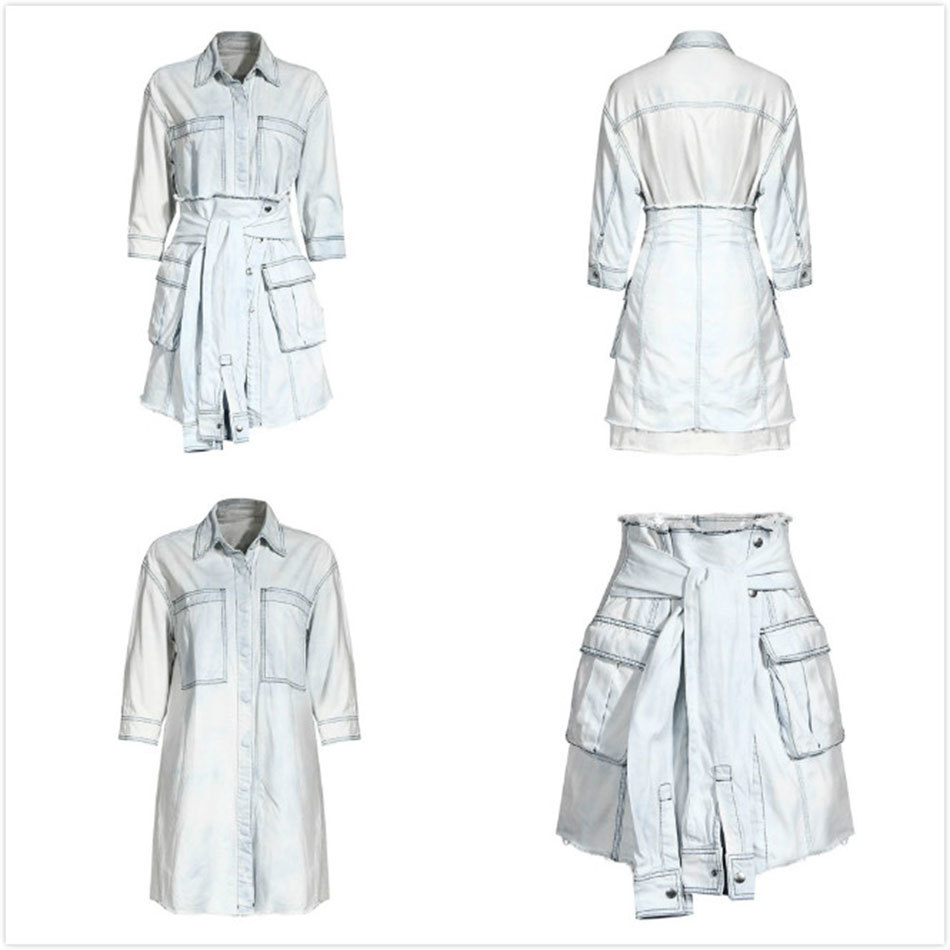 Free Autumn Women's Retro Denim Set Casual Washed Long Shirt & High Waist Lace-Up Skirt Two-piece 210524