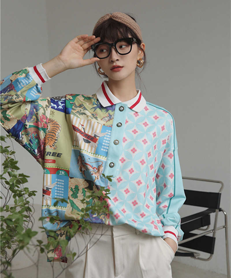 Spring and Autumn Long Sleeve Polo Blouse Women' Loose Chinese Style Splicing Retro Printed Shirt Plus Size Shirts 210615, Green
Spring and Autumn Long Sleeve Polo Blouse Women' Loose Chinese Style Splicing Retro Printed Shirt Plus Size Shirts 210615, Green