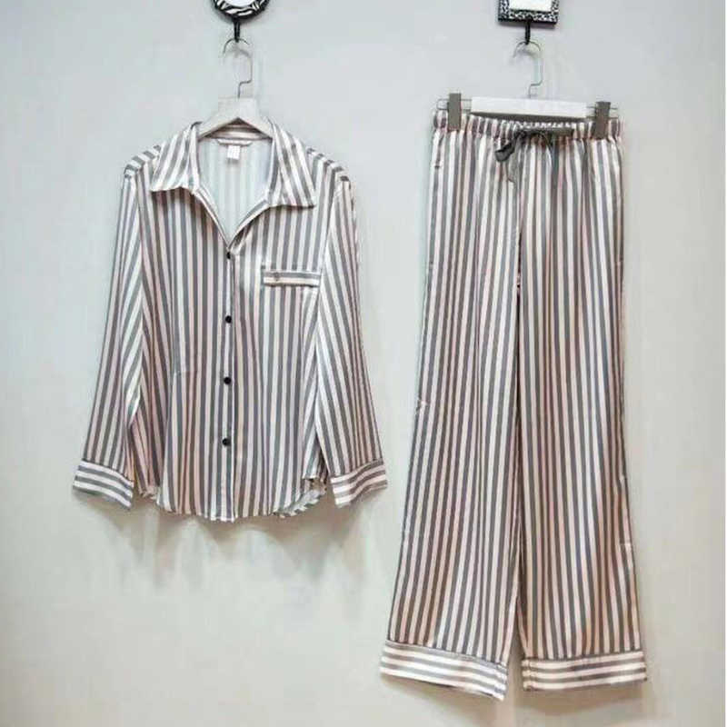 Satin Pajamas for Women Long Sleeved Striped Pjamas Sleepwear 2 Pieces Set Lounge Wear Home Clothes Year Birthday Gift 211007