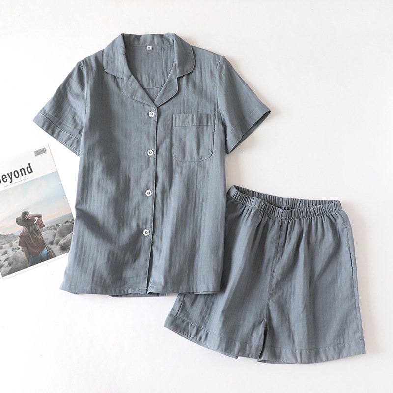 New Japanese-style summer couple pajamas men and women cotton gauze thin short-sleeved shorts home service cardigan suit loose t 210330