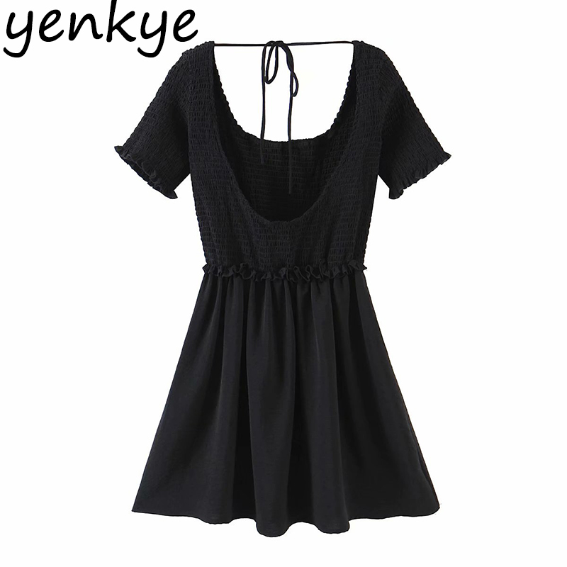 Summer Women Sexy Backless Vintage Black Dress Female O Neck Short Sleeve Casual Elegant Dresses Party Mini Vestido 210430