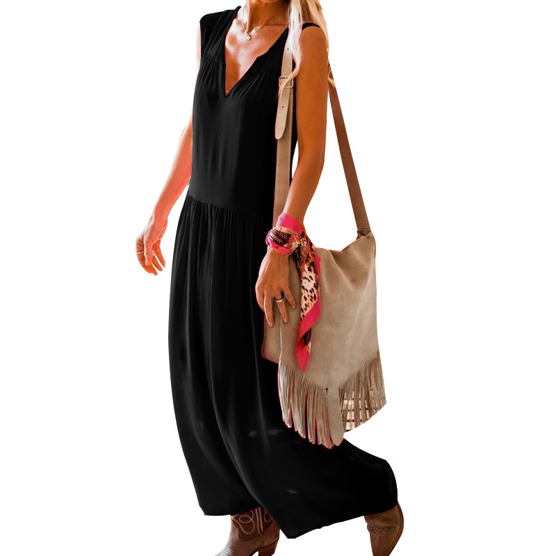 Women Dress Cotton Linen V Neck Sleeveless Bohemia es Sexy Long Solid Maxi Loose Casual Beach Summer es 210524