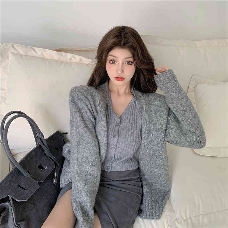 Autumn winter korean style soft knittd cardigans womens grey sweaters cardigans womans (R99460) 210423