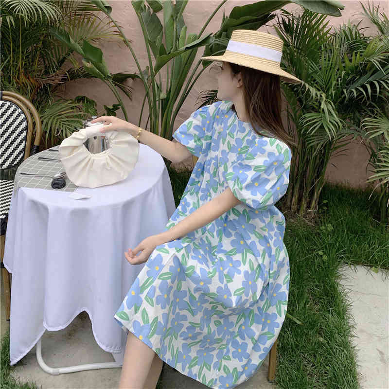 Fashion Retro Blue Print Long Dress Korea Summer Women Sweet Puff Sleeve O Neck Casual Bohemian Vacation Dress 210518