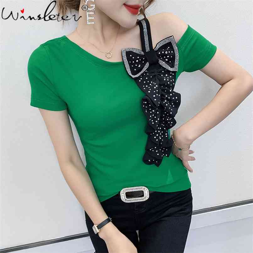 Summer European Style Cotton T-Shirt Chic Sexy Skew Collar Bowknot Patch Shiny Diamonds Women Tops Short Sleeve Tees T15231A 210708, Black tshirt
Summer European Style Cotton T-Shirt Chic Sexy Skew Collar Bowknot Patch Shiny Diamonds Women Tops Short Sleeve Tees T15231A 210708, Black tshirt