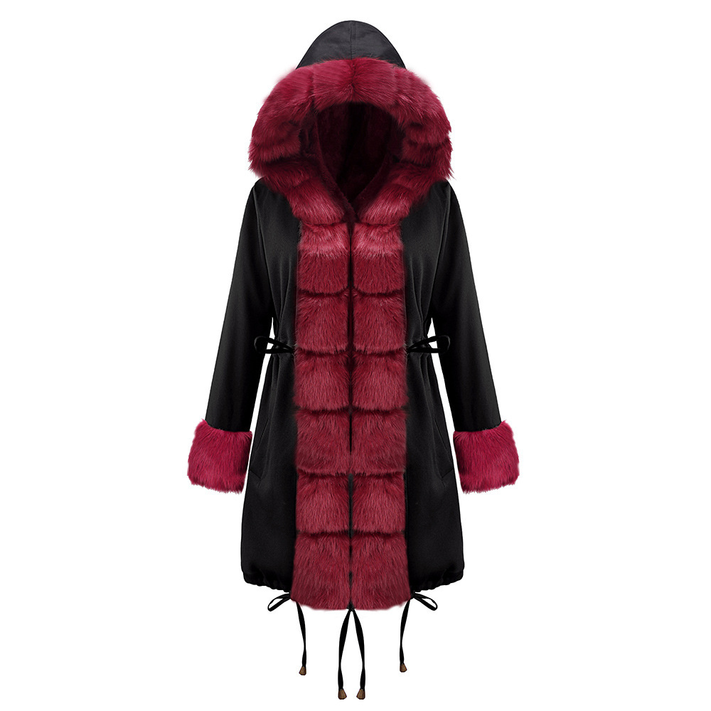 Women Fur Parka Hooded Winter Coats Woman Plus Size Vintage Long Overcoat Coat Color Matching Jackets 210524