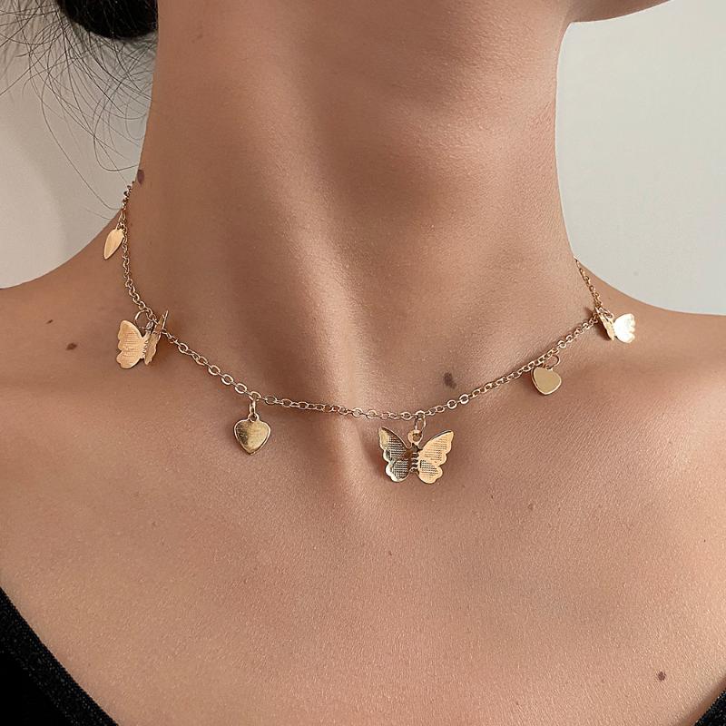 Chokers Cute Butterfly Heart Choker Necklace For Women Gold Chain Statement Collar Female Chocker On Neck Jewelry Gift