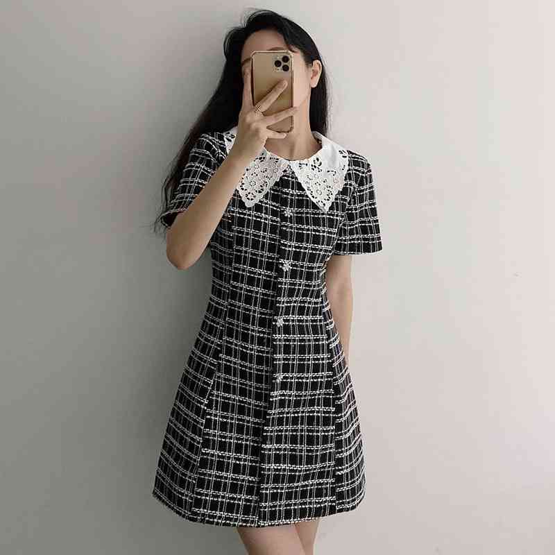Neploe Vintage Dress Women Lace Peter Pan Collar Patchwork Korean Vestidos Single Breasted Slim Waist Short Sleeve Plaid Dresses 210422