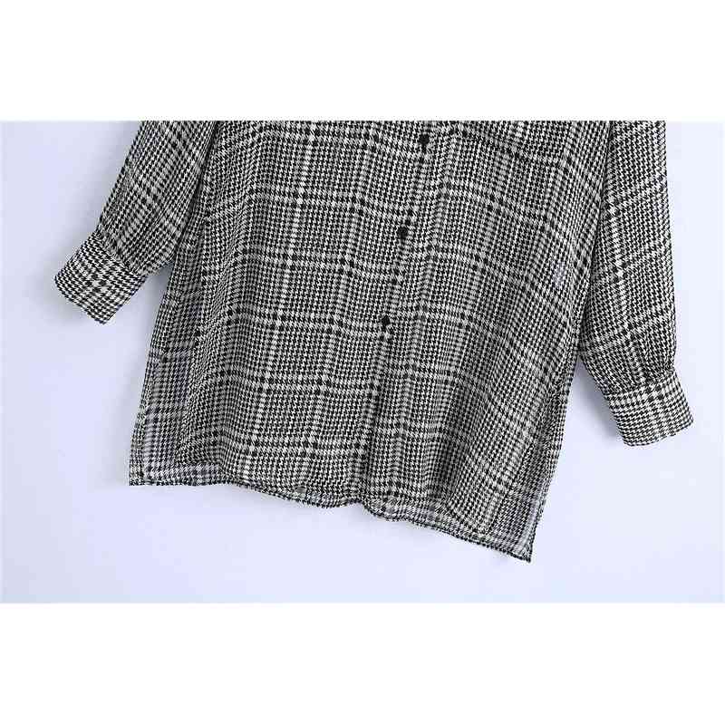 Streetwear Women Grey Plaid Shirts Fashion Ladies V-Neck Button Blouses Elegant Female Causal Chiffon Pocket Shirt 210430