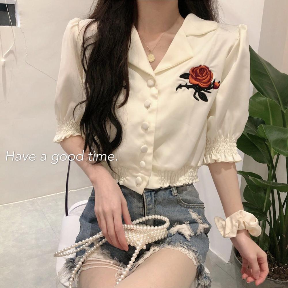 vintage rose flower embroidery white short puff sleeve single breasted casual daily shirt woman young blouse blusen damen 210421