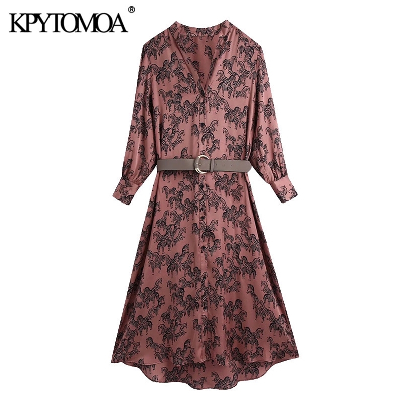 Women Chic Fashion With Belt Animal Print Cozy Midi Dress V Neck Button-up Female Dresses Vestidos Mujer 210420