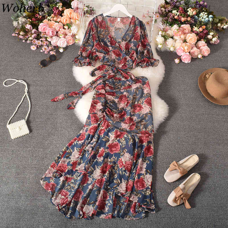 Women Clothing V-Neck Short Sleeve Crop Tops Irregular Ruffles Skirt Korean Fashion Floral Suit Two-piece Summer 210422