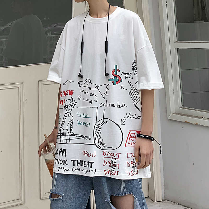 LIFENWENNA Loose Fit T Shirt Men Fashion Men's T-shirt Graffi Print Cotton Summer Short Sleeve O-Neck Tees Male Streetwears 210528