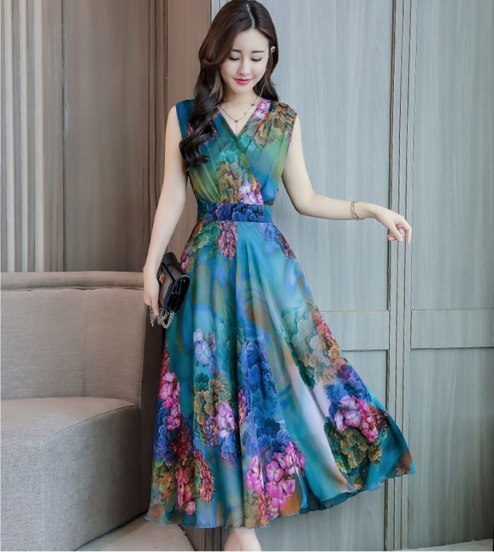 Chiffon Dress Summer Printed slim Female V Neck Sleeveless Bohemia Long Dresses Plus Size 210519