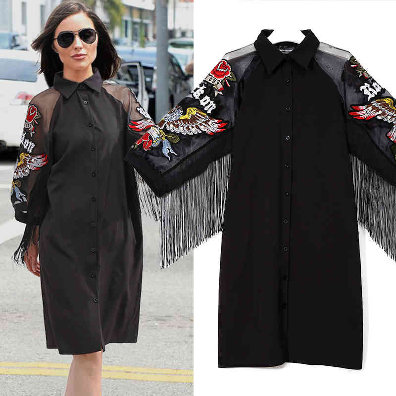 New Woman Plus Size Black Casual Shirt Dress 3/4 Mesh Sleeves Eagle Embroidery Fringe Ladies Midi Straight Party Dress Robe 3398 210409