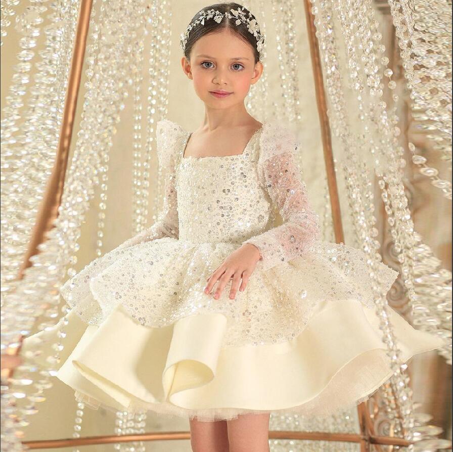 New shiny tulle flower girl dress long sleeve prom party pageant birthday gown