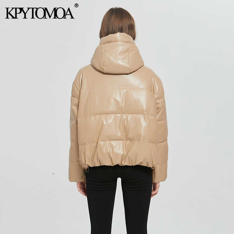 KPYTOMOA Women Fashion Thick Warm Faux Leather Padded Jacket Coat Vintage Long Sleeve Oversized Parka Female Outerwear Chic Tops 210819