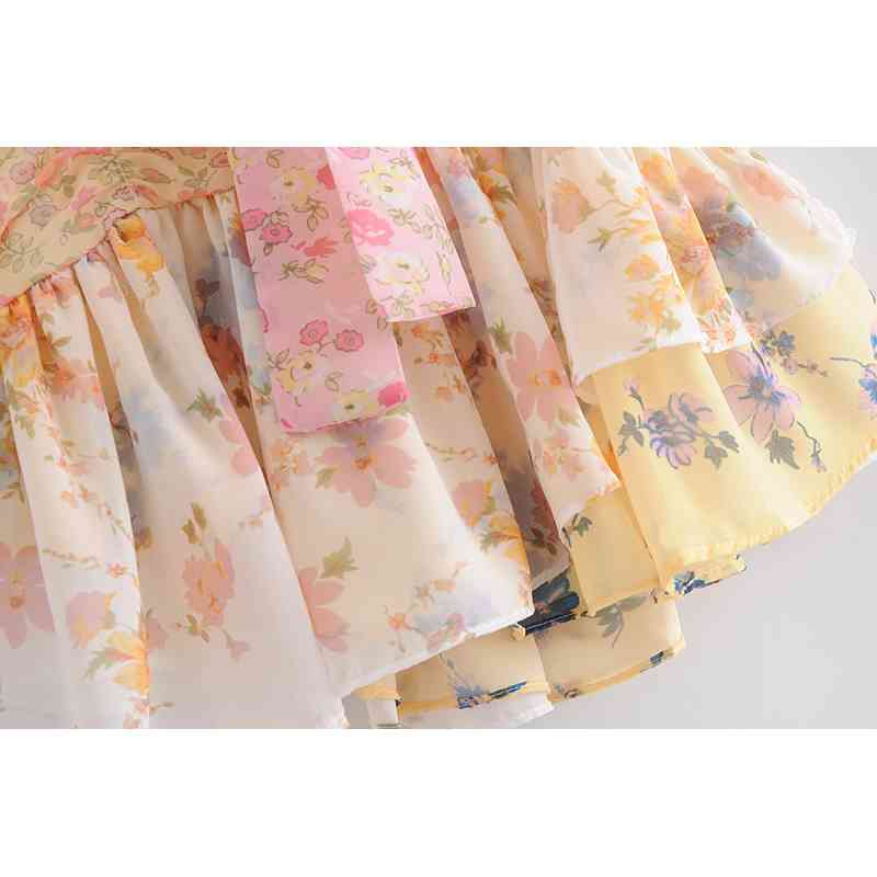 France Short Puff Sleeve Floral Print Hit Color Dress Retro Women Pleated Ruffle Tie Bow Sashes Mini Dresses Holiday 210429