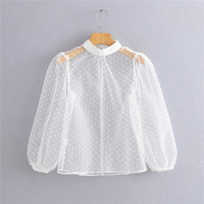 Elegant Women Transparent Puff Sleeve Shirts Fashion Ladies Turtleneck Polka Dot Tops Sweet Female Chic Solid Blouses 210527