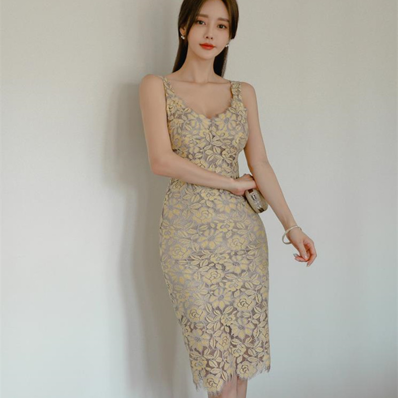 Summer Lace Dress Women OL Elegant Slim Sleeveless V-neck Sexy Office Lady Package Hip Patry Dresses Vestidos 210421