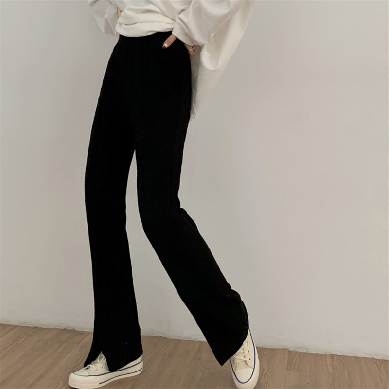 Korean Slim High Waist Stylish Women Streetwear All Match Casual Office Lady Trousers Chic Split Boot Cut Solid Pants 210421