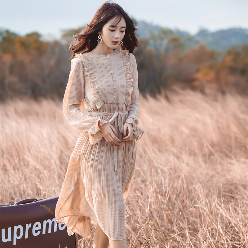 Spring Summer Chiffon Dresses Long Sleeve Polka Dot A-line Pleated Women's Ruffles Flare Party 210514