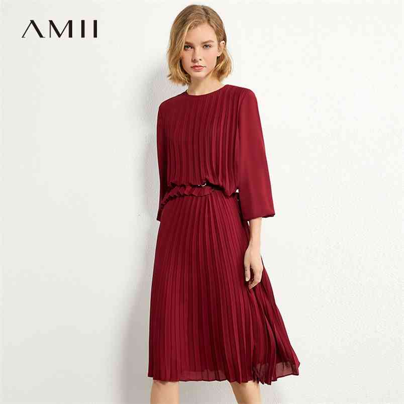 Minimalism Autumn Women's Dress Fashion Pleated Solid Oneck Loose Aline Knee-length Causal For Women 12030366 210527