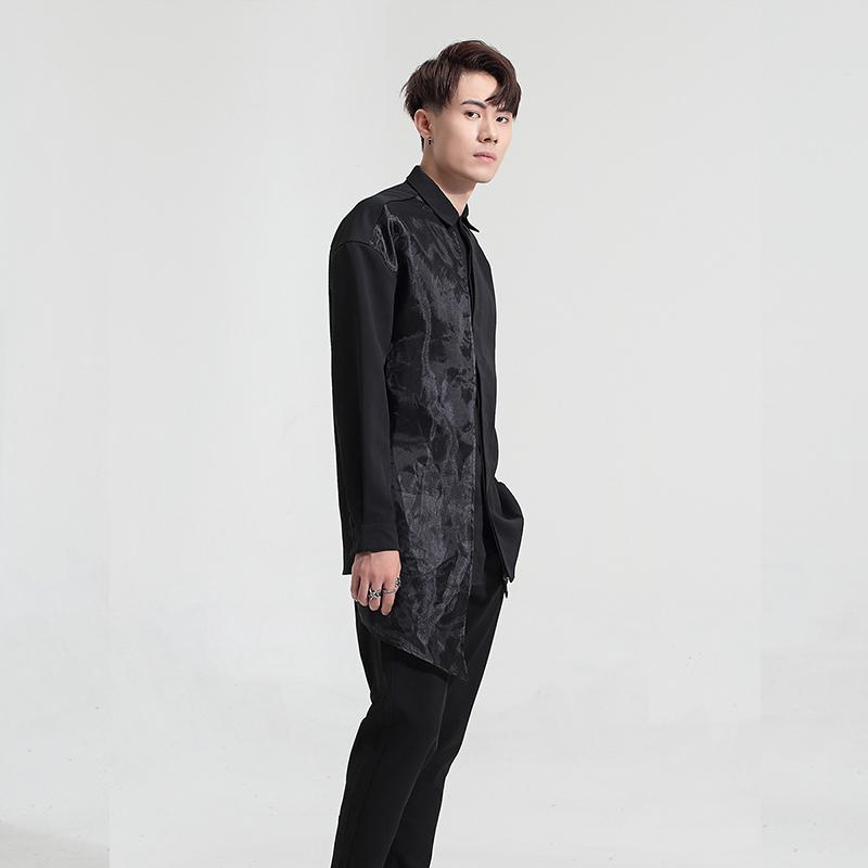 Dark Street Personality Irregular Mesh Patchwork Slim Black Shirt Long Sleeve Men Men's Casual Shirts