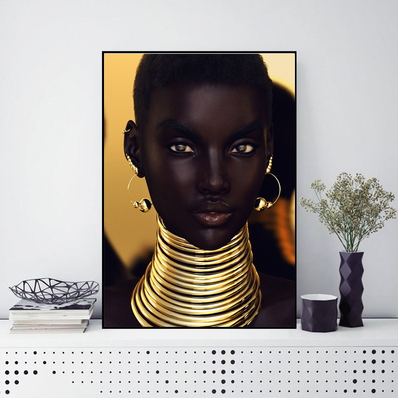 Black Girl With Golden Ears Necklace Wall Paintings For Living Room Canvas Print Posters Modern Decorative Pictures