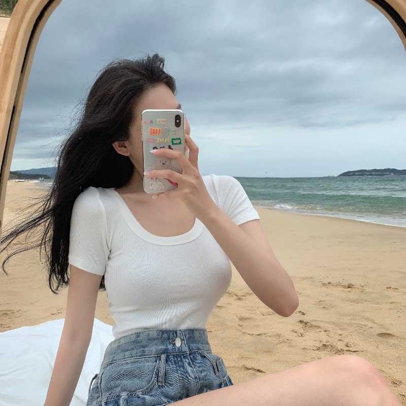 WOMENGAGA T-shirt Women's Summer pink Slim Casual Collarbone Chest Short Tight Tshirt Black Sleeve Top AHQN 210603