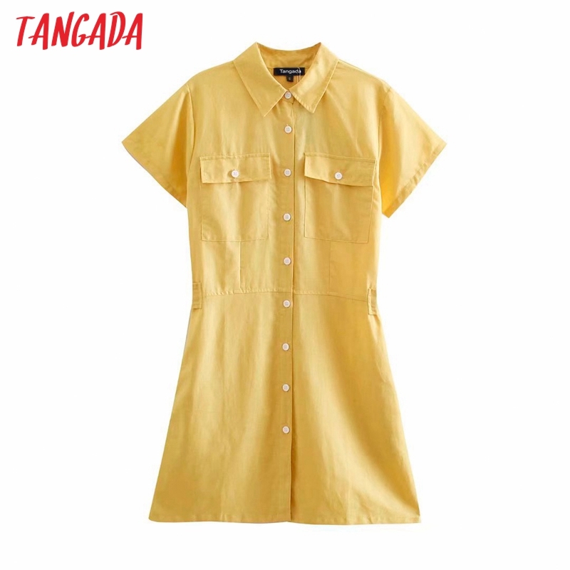 Summer Women Yellow Shirt Tunic Pocket Short Sleeve Ladies Mini Dress Vestidos 2R36 210416