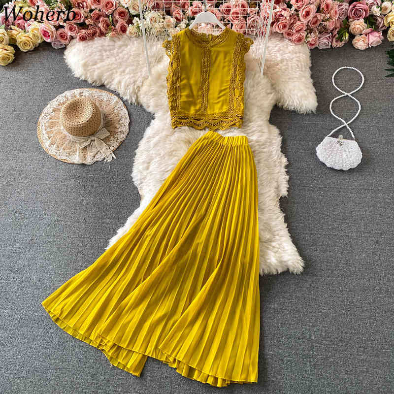 Summer Women 2 Piece Set Solid Tank Chiffon Lace Blouse+High Waist Pleated Skirts Beach Style Fashion Korean Outfits 210519